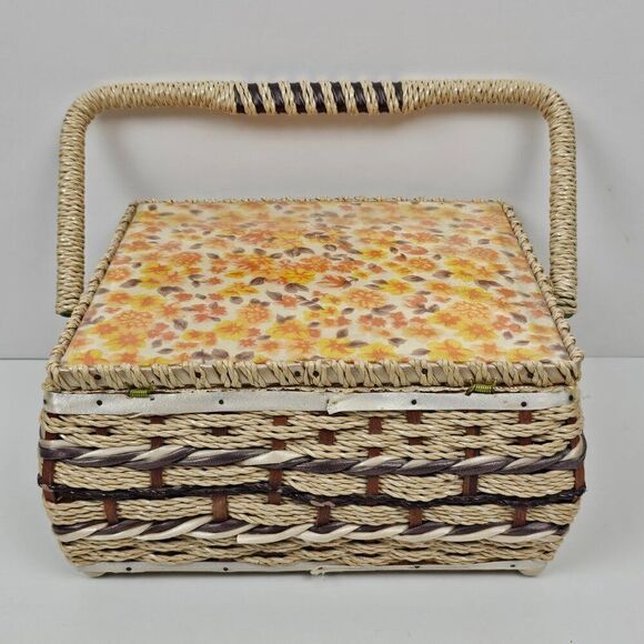 Sewing Notions Box Craft Basket Vintage Woven Wicker Floral Retro Mid Century - Picture 6 of 15